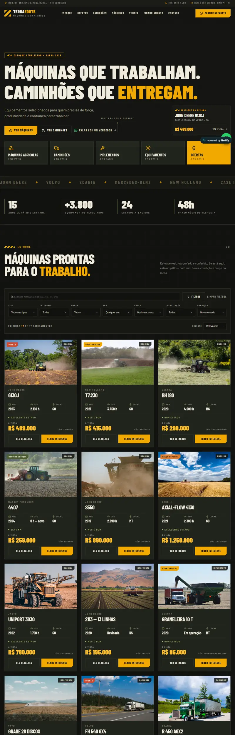 Página do site de venda de máquinas e caminhões
